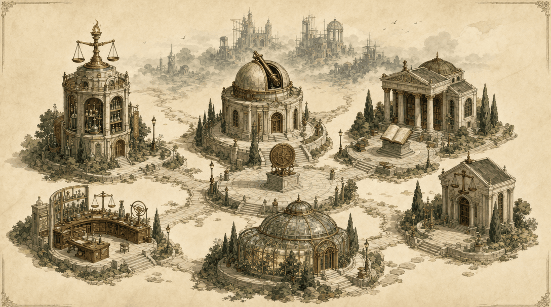 The Compound Atlas — an illustrated map of the studio's universe
